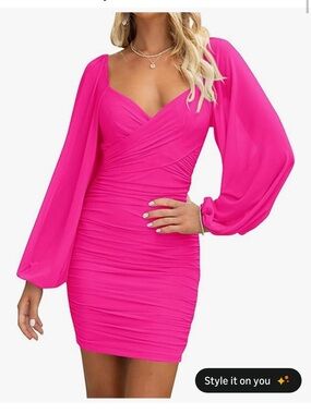 Fuchsia Ruched Mini Dress with Sheer Bishop Sleeves